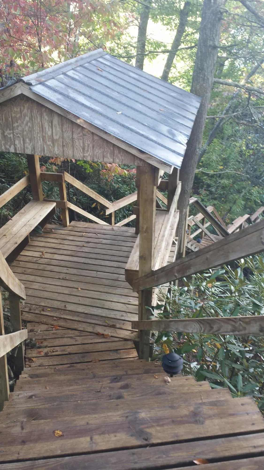 Metal roofed shelter over wooden steps on a wooded walkway — Skylight Repair & Installation work by our crew in Malo